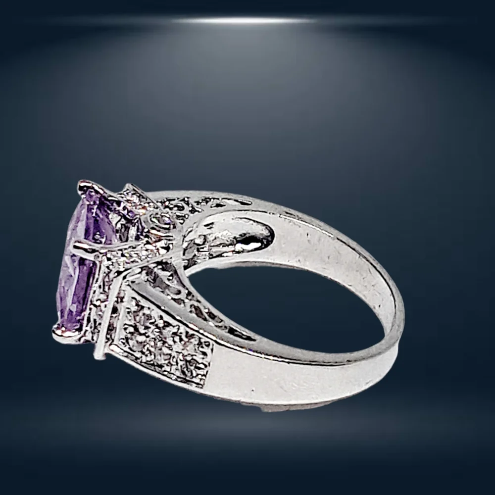 Princess-Cut Brilliant Amethyst Color Stone Cocktail Silver Ring